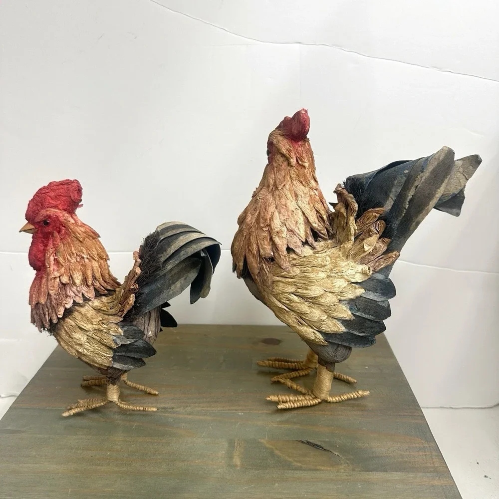 Set / 2 Vintage Paper Mache Rooster Chicken Hen Multi-colored Raffia Lightweight